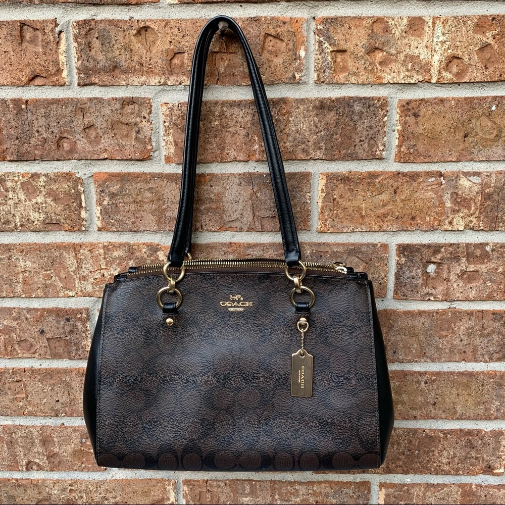 Coach Brown/Black Monogram Canvas And Leather Mini Christie Carryall bag